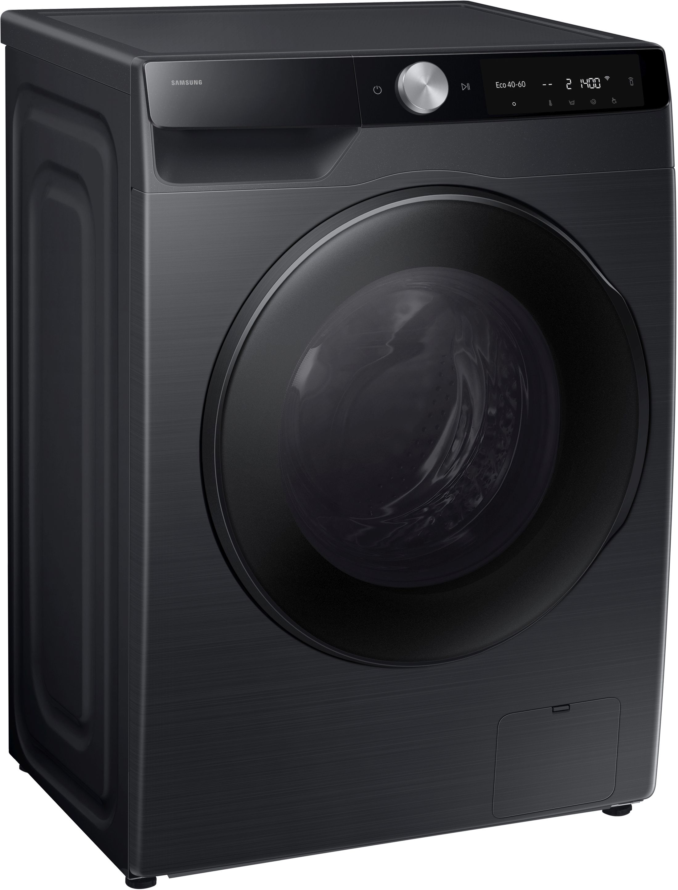 Eine schwarze Samsung Waschmaschine. Sie hat eine runde Tür, ein Bedienfeld und eine Waschmittelschublade.