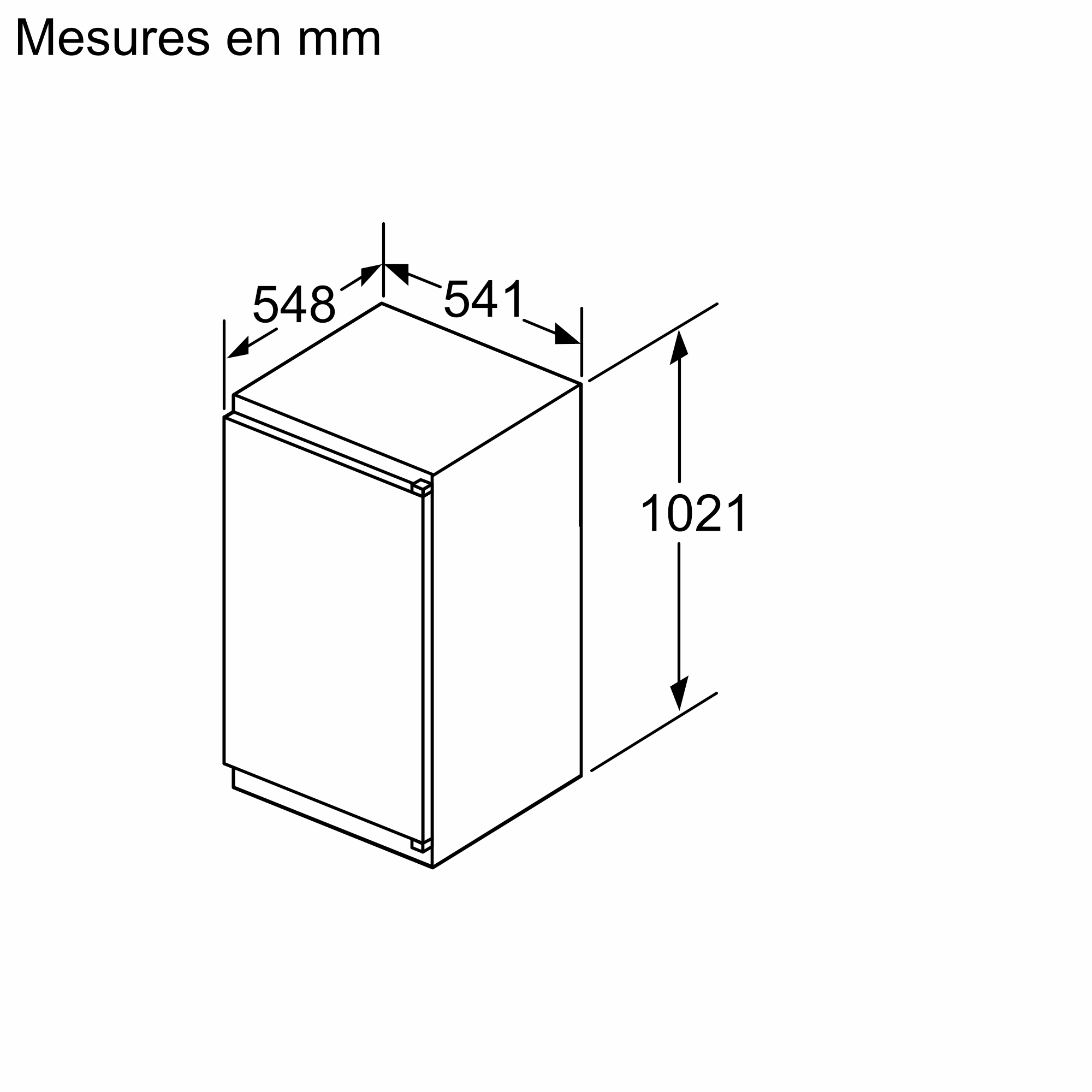 Een diagram met de afmetingen van een witte koelkast in millimeters.