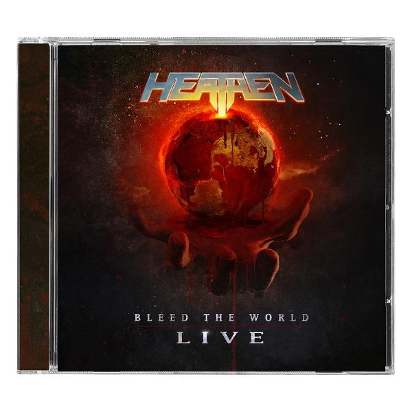 Albumcover: Heathen, Bleed the World Live. Hand hält eine blutende Weltkugel. Dunkler Hintergrund.