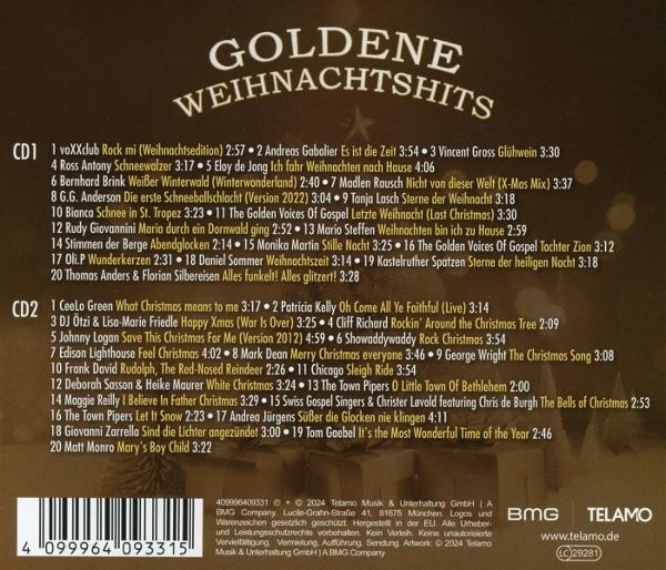 Rückseite einer CD mit Titelliste und Albumtitel 'Goldene Weihnachtshits'.