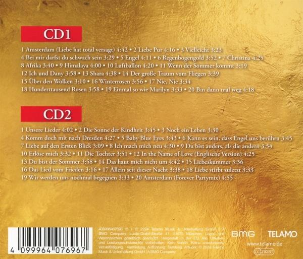 CD-Cover mit einer Liste von Liedern auf Deutsch. Der Hintergrund ist golden und der Text ist schwarz.