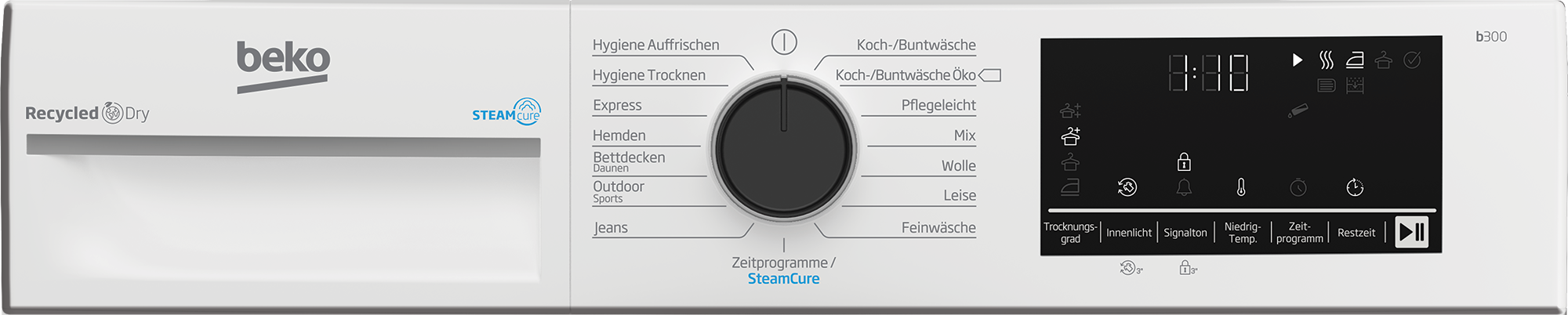 Weißes Waschmaschinen-Bedienfeld mit Drehknopf, Digitalanzeige und verschiedenen Tasten für Waschprogramme.