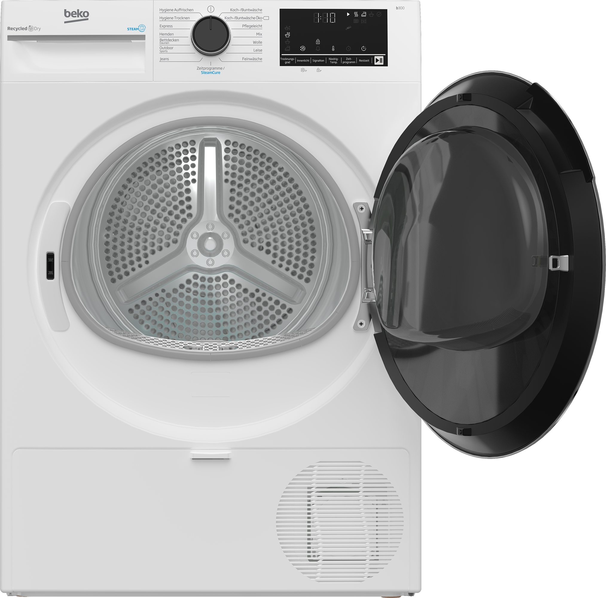 Ein weißer Beko-Trockner mit offener schwarzer Tür. Die Trommel ist sichtbar. Bedienfeld mit Digitalanzeige und Knöpfen.