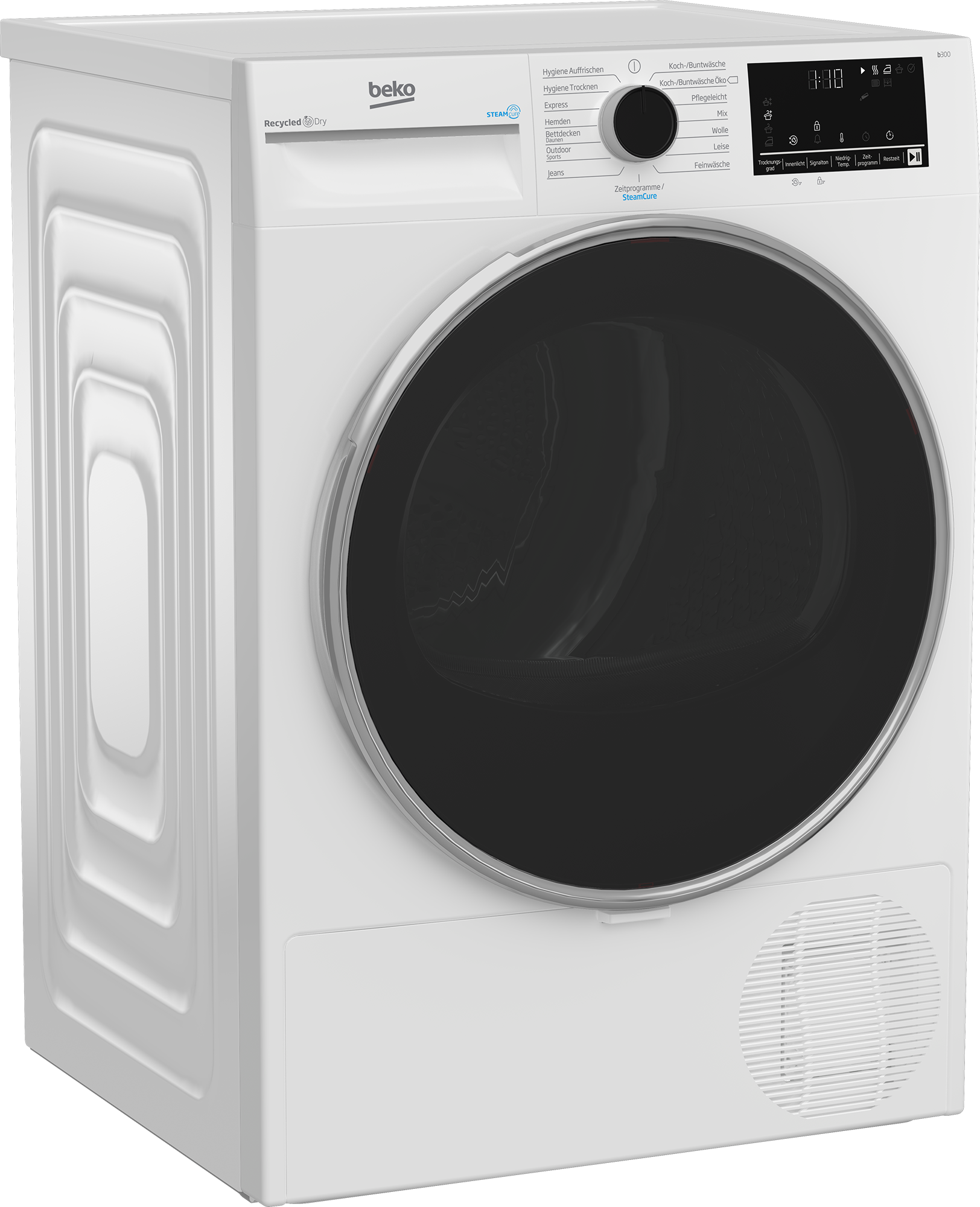 Weißer Beko-Trockner. Mit Bedienfeld, Tür und verschiedenen Programmeinstellungen. Recycled Dry Logo sichtbar.