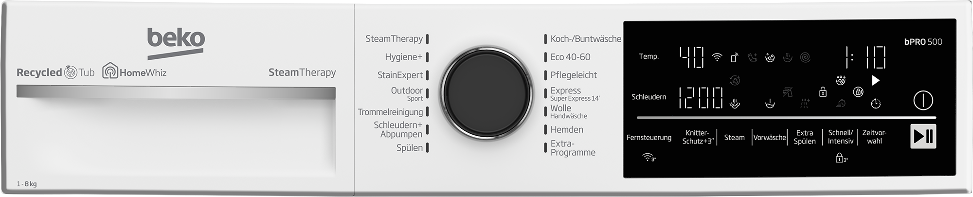 Waschmaschinen-Bedienfeld. Merkmale: Drehregler, Digitalanzeige, Tasten und Markenlogo.