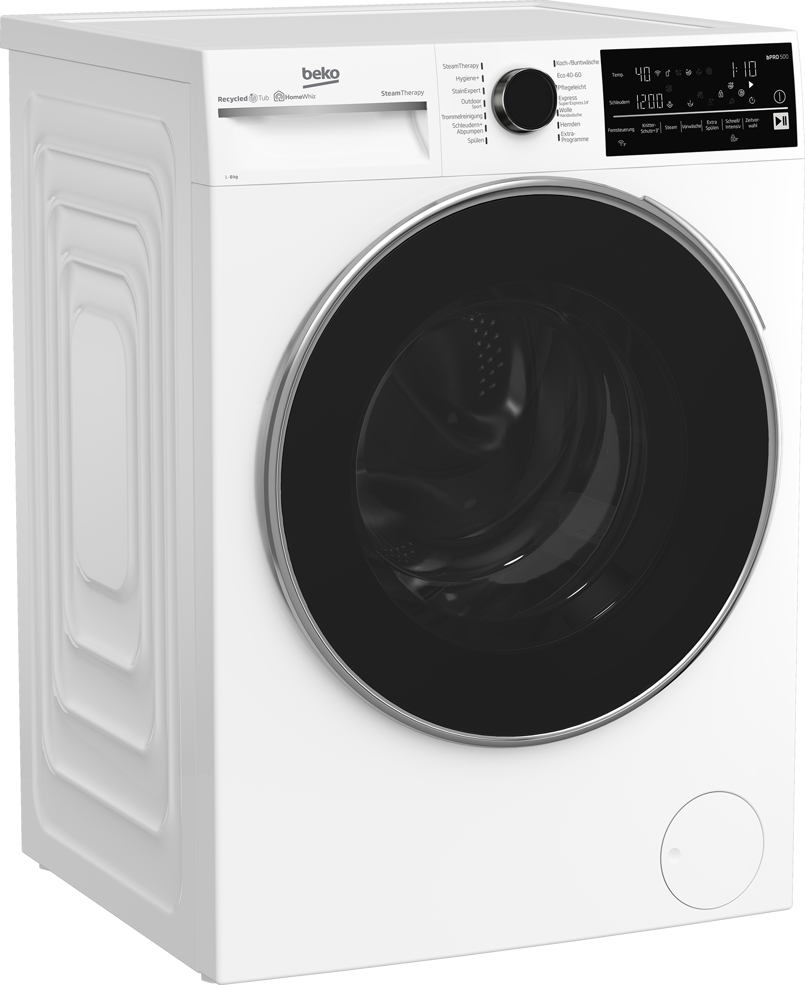 Weiße Beko Waschmaschine. Schwarze Tür, silberne Zierleiste. Bedienfeld oben.