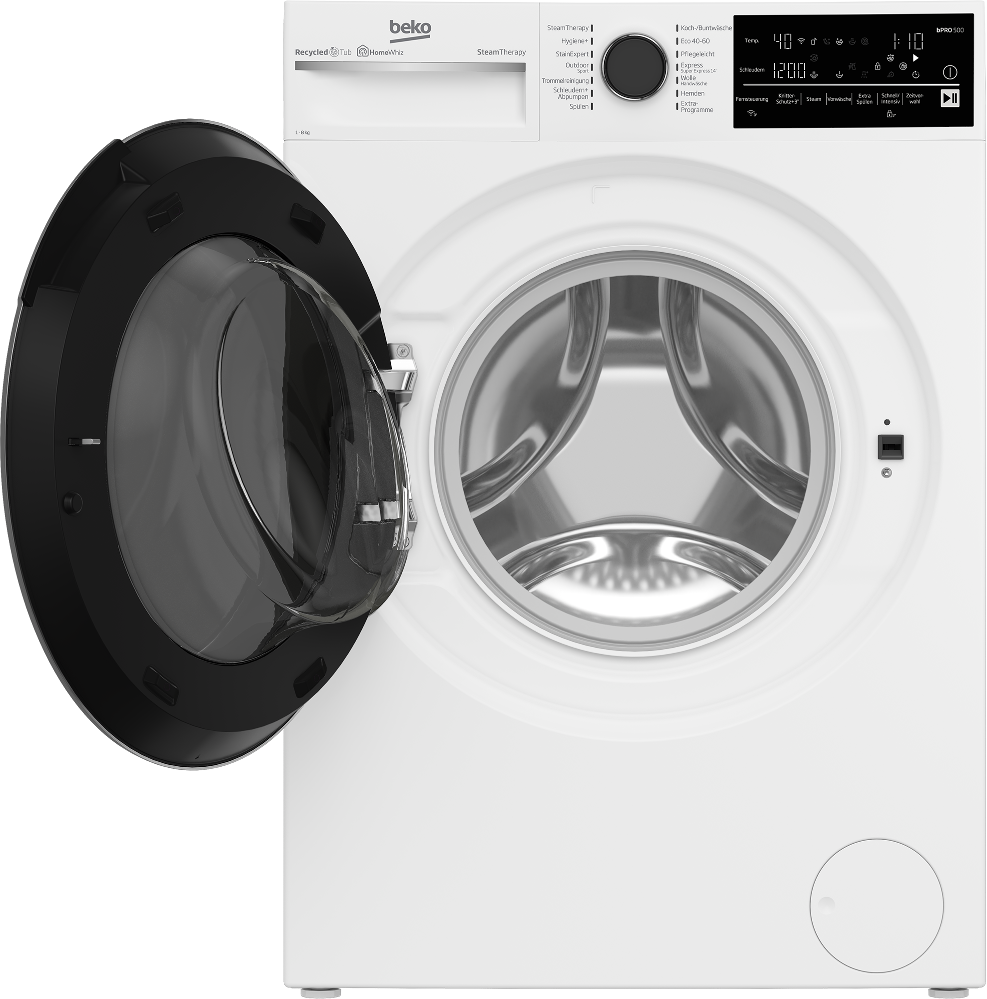 Weiße Beko Waschmaschine mit offener Tür. Trommelinnenraum sichtbar. Bedienfeld oben rechts.