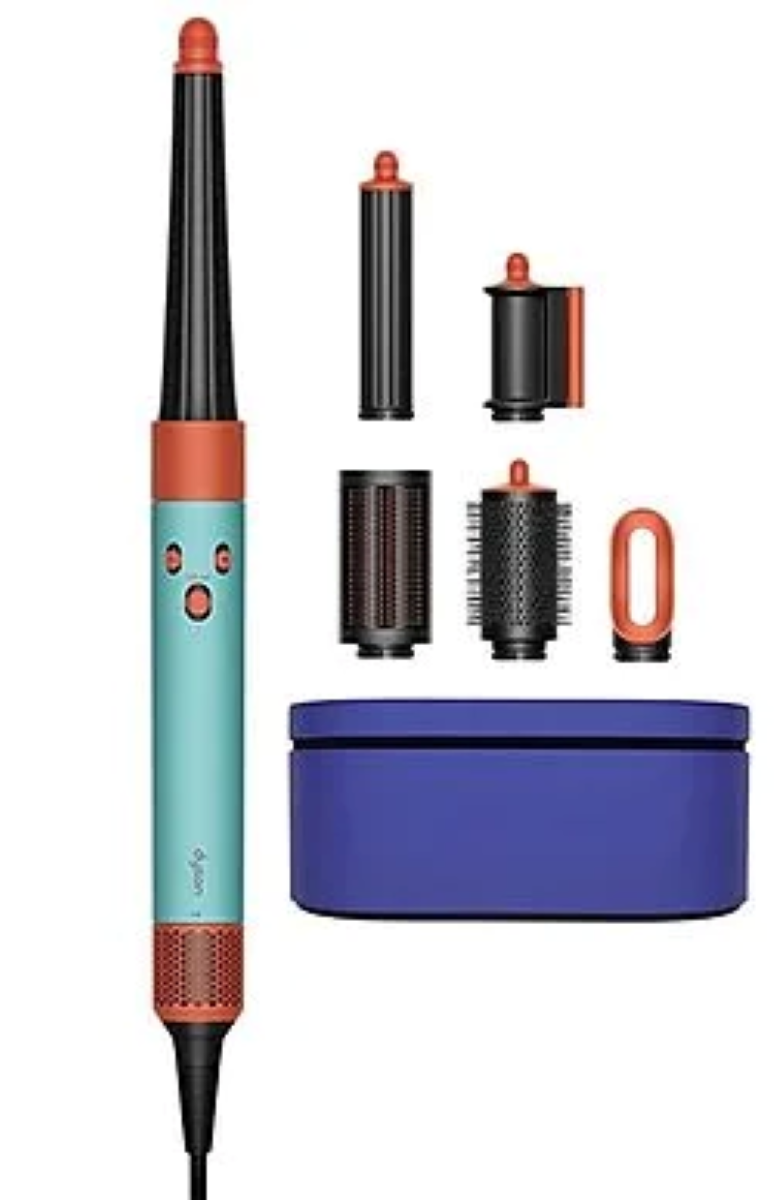 Prostownica do włosów Dyson z nasadkami. Kolory turkusowy i pomarańczowy. Etui w zestawie.