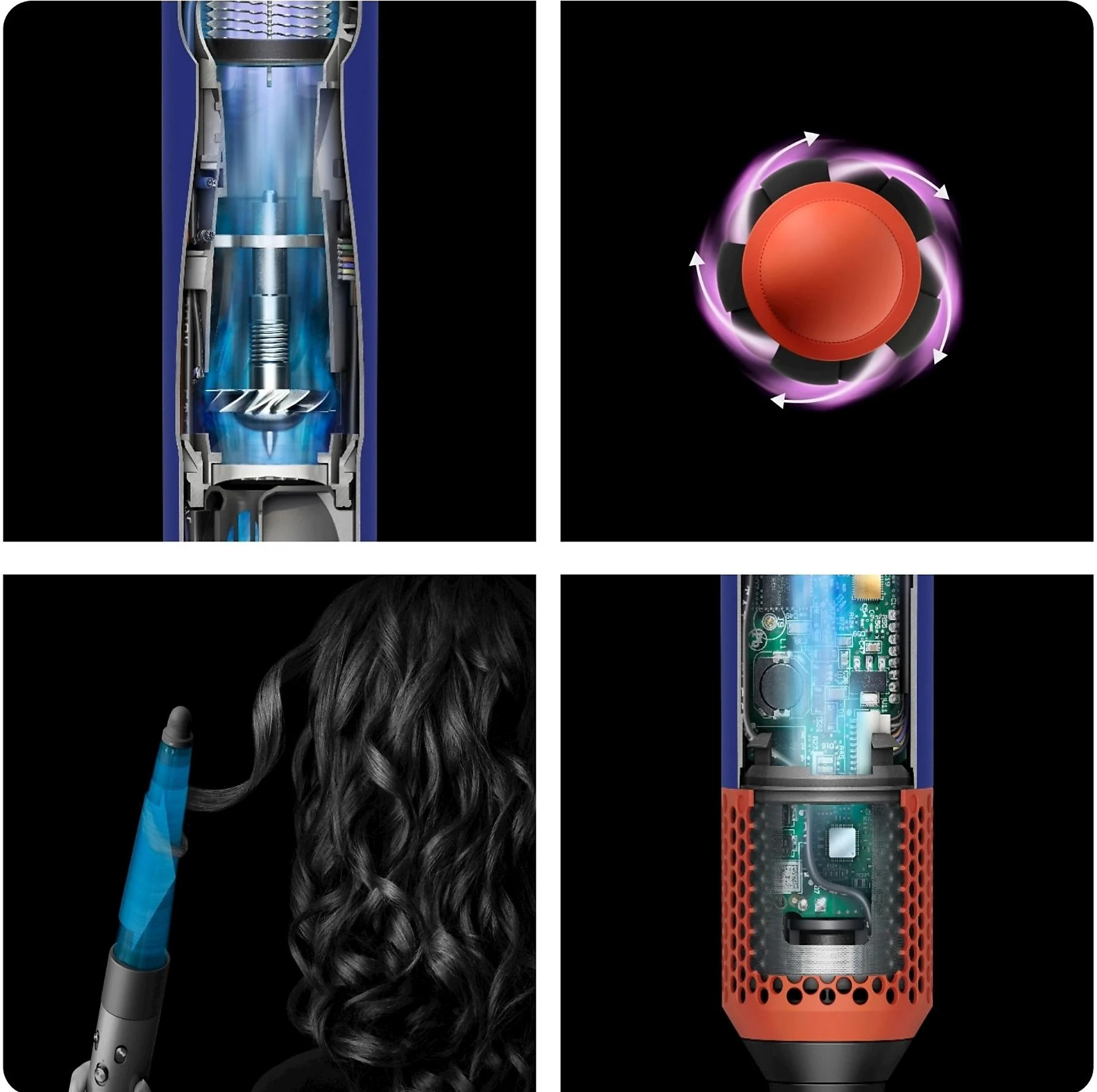 Cztery zdjęcia urządzenia do stylizacji włosów. Pokazujące części wewnętrzne, przepływ powietrza i działanie kręcenia.