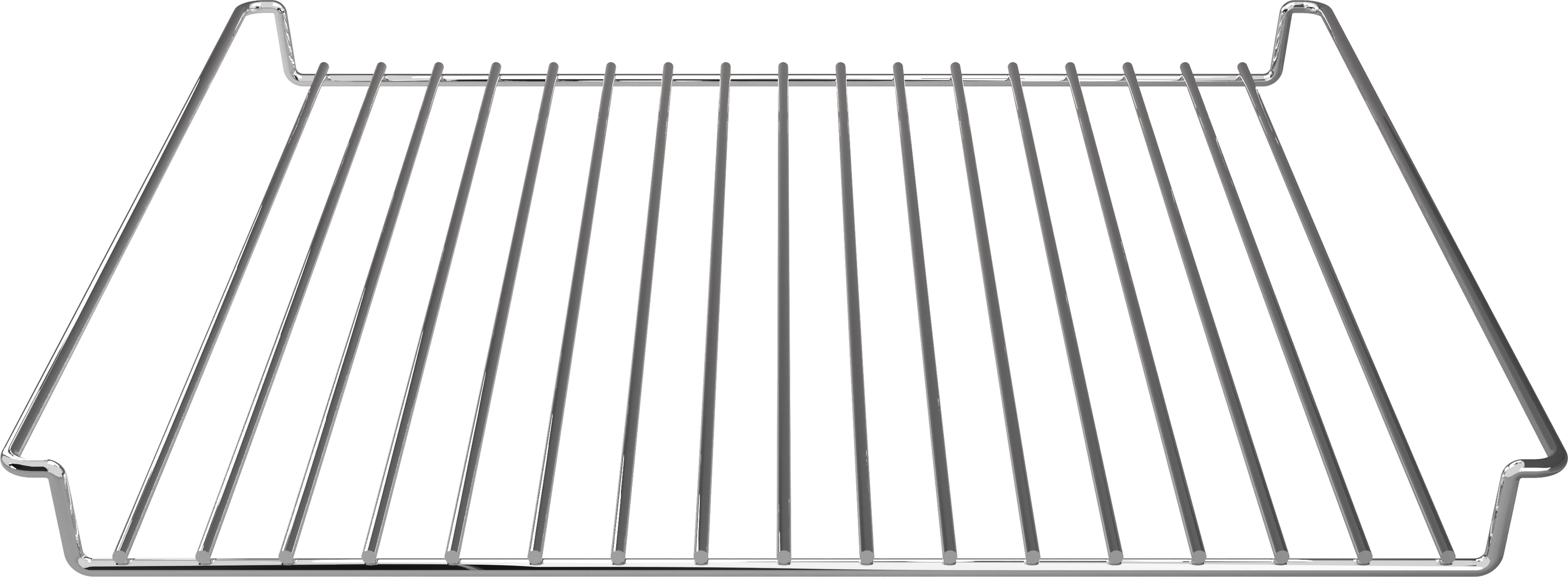 Ein verchromter Backofenrost mit parallelen Stäben auf weißem Hintergrund. Es ist ein rechteckiges Gitter mit gebogenen Griffen.