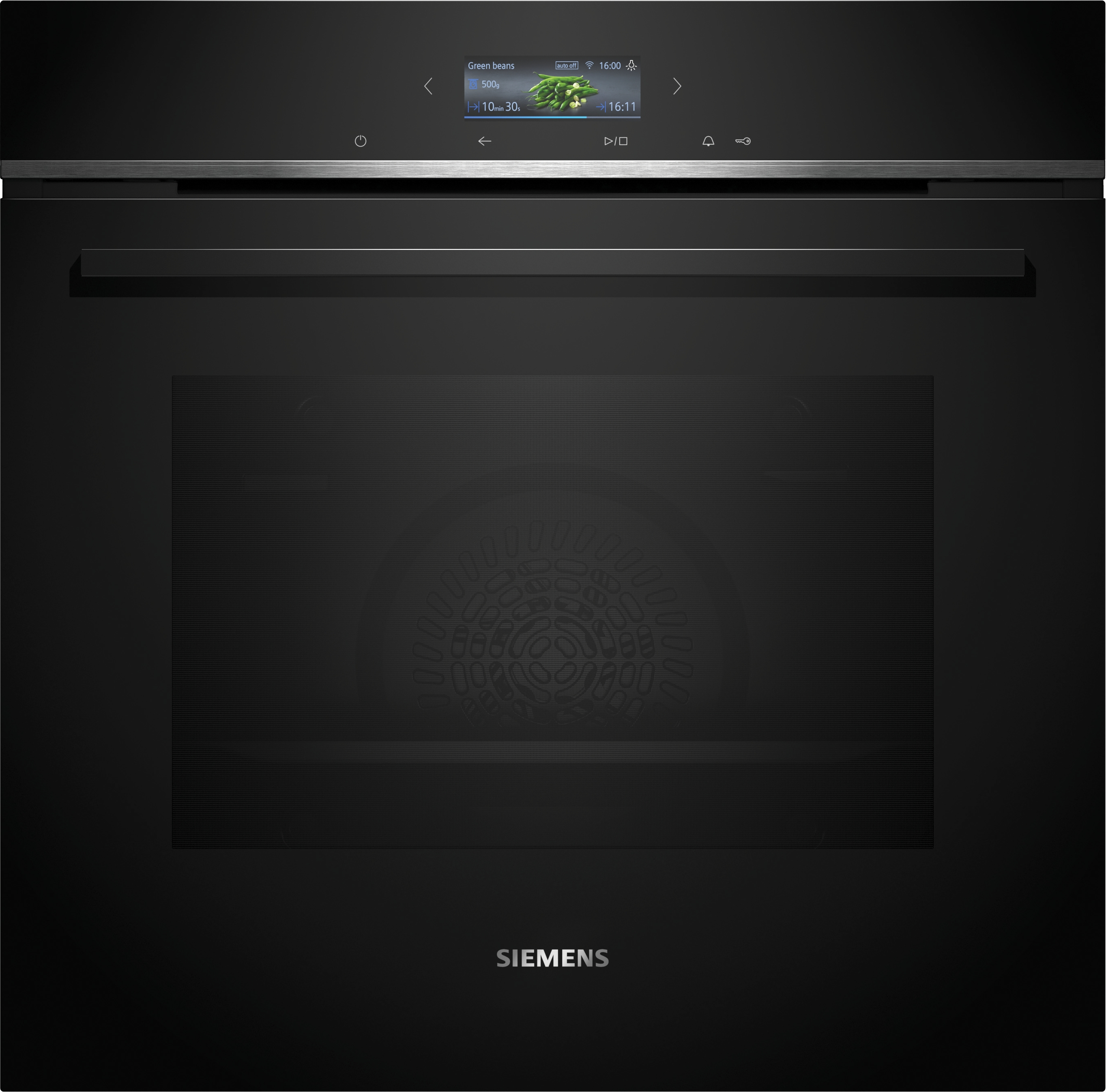 Ein schwarzer Siemens-Ofen mit Display und Bedienfeld, der eine Gar-Einstellung zeigt.