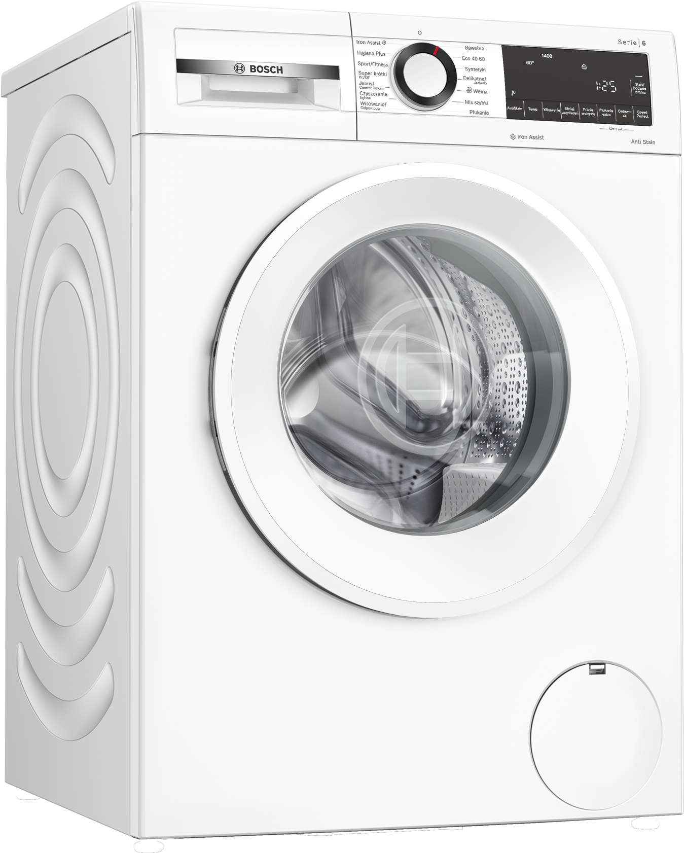 Biała pralka Bosch, ze szklanymi drzwiami i panelem sterowania na górze.