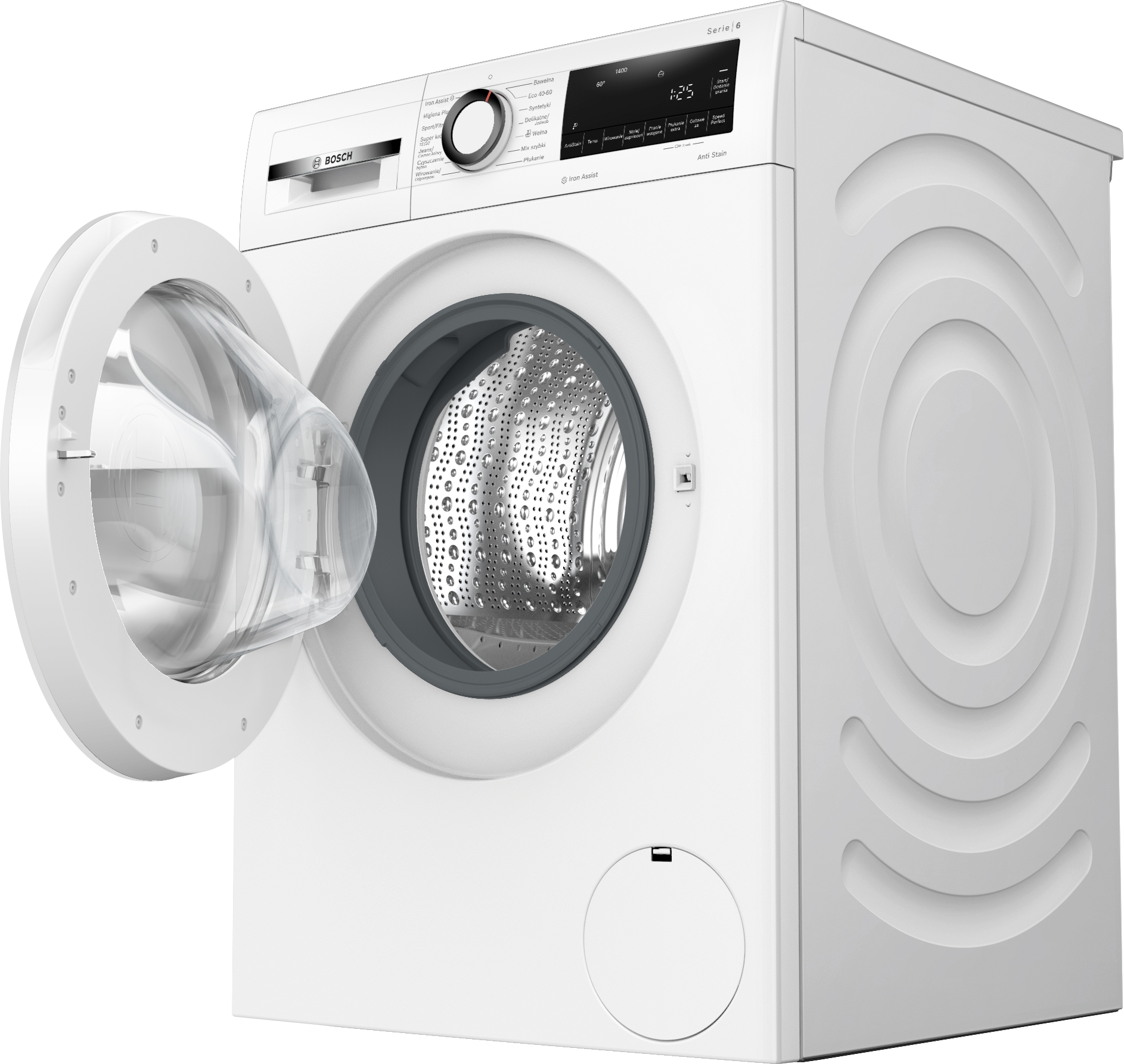 Biała pralka z otwartymi drzwiami. Maszyna jest w pokoju. Drzwi po prawej.