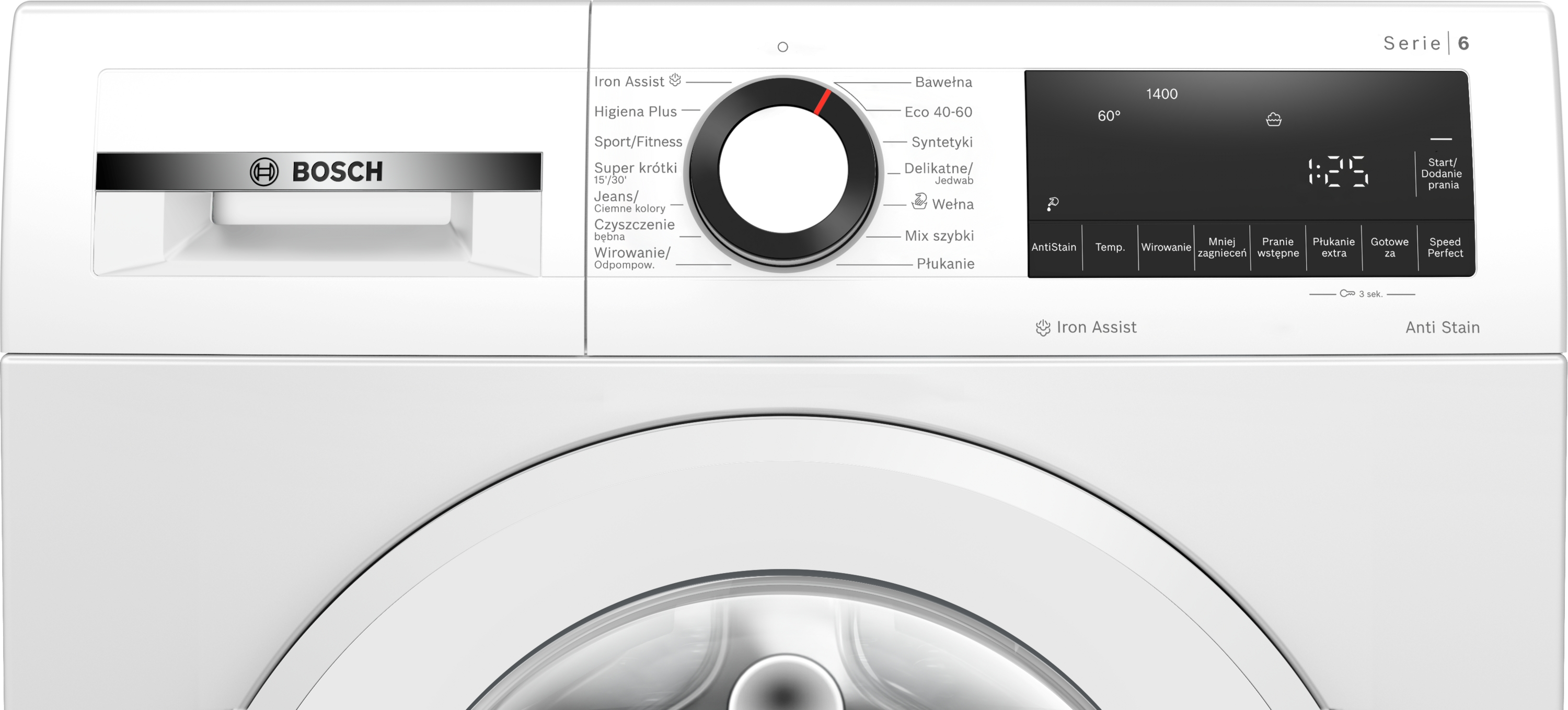 Biały panel sterowania pralki z pokrętłem, wyświetlaczem i wieloma opcjami programu.
