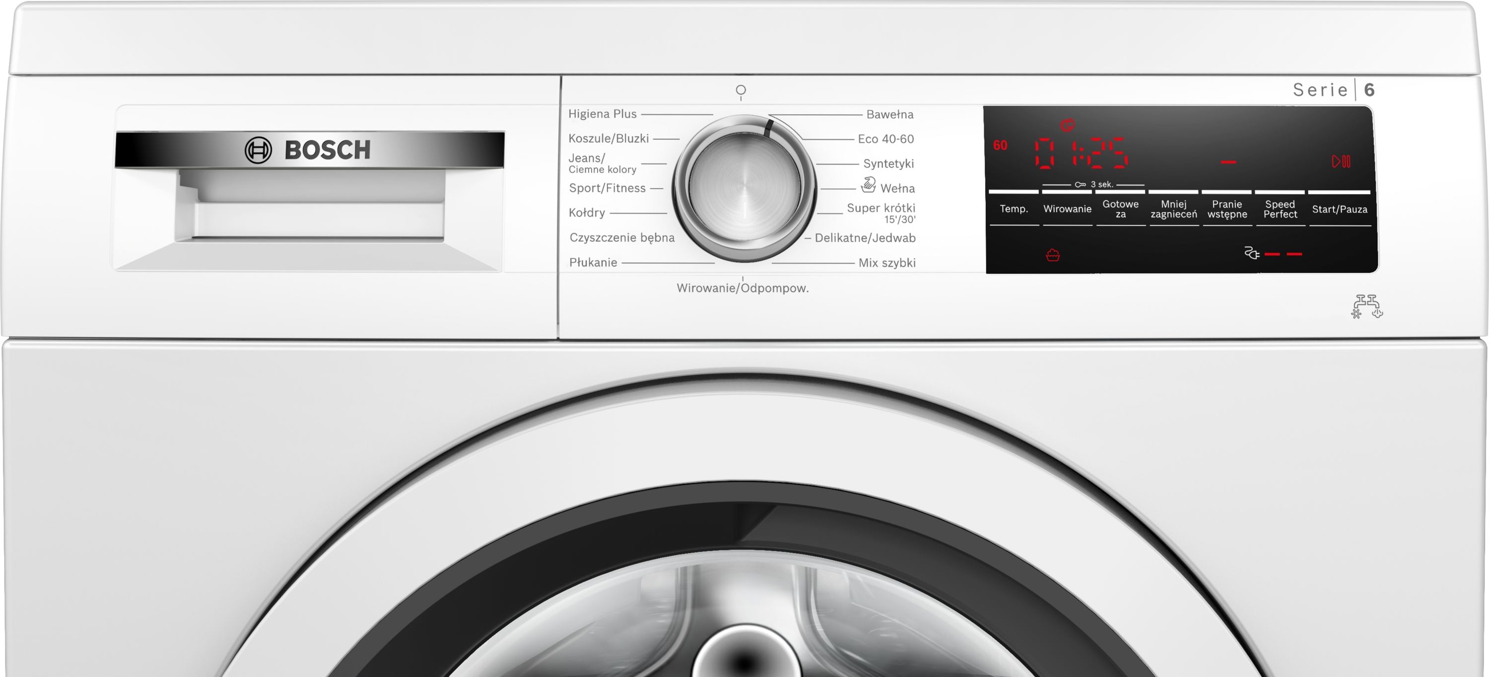 Widok szczegółowy panelu sterowania białej pralki Bosch.
