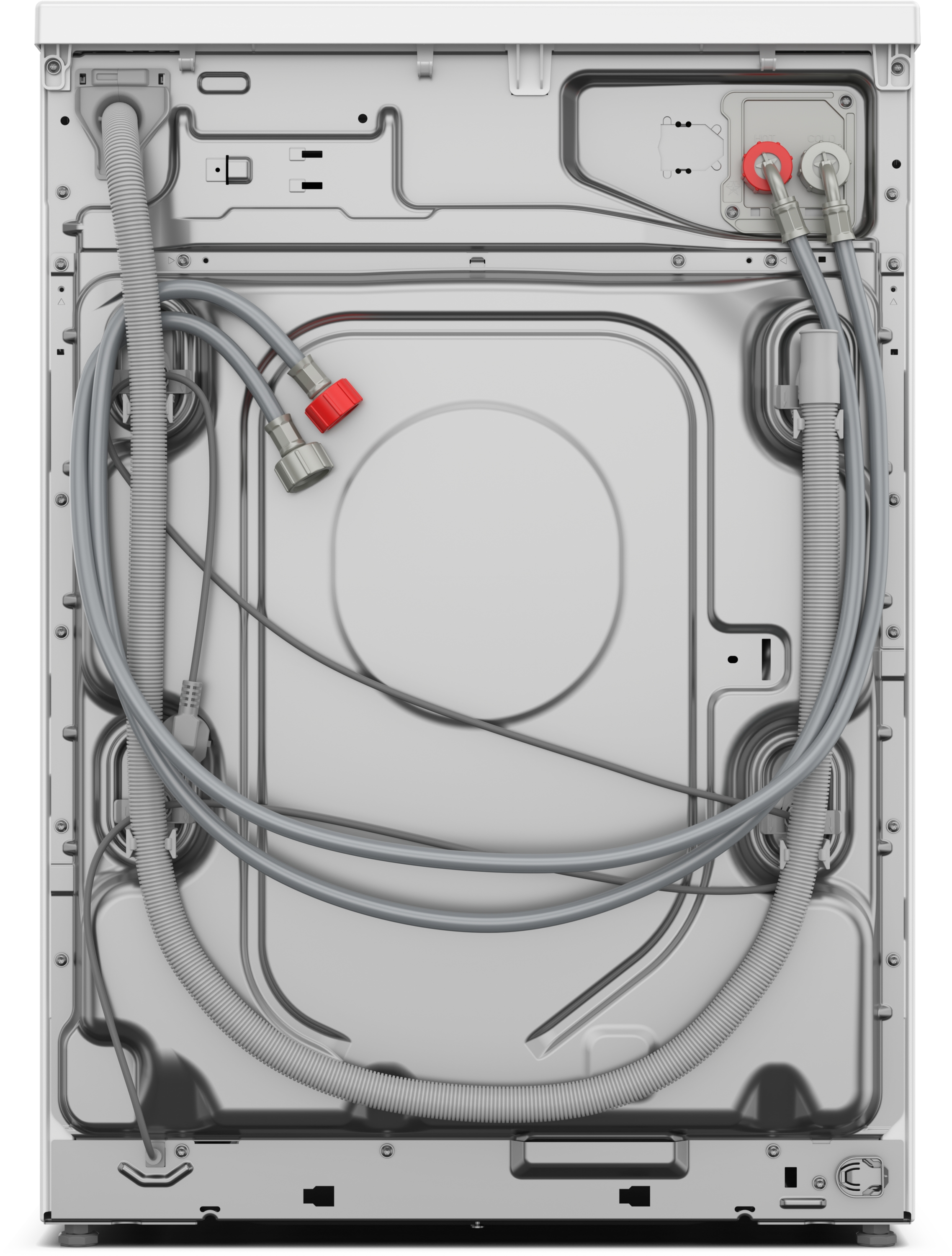 Tył pralki z widocznymi wężami i połączeniami.