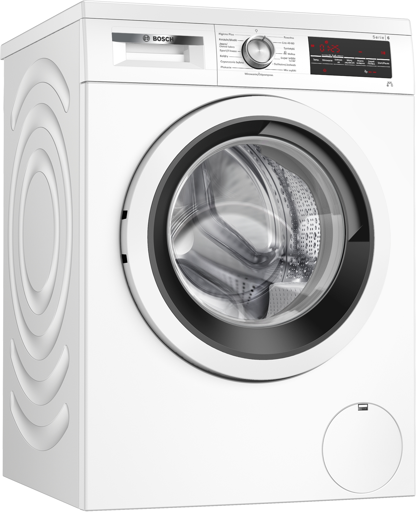 Biała pralka Bosch, widok pod kątem, z panelem sterowania i zamkniętymi drzwiami.