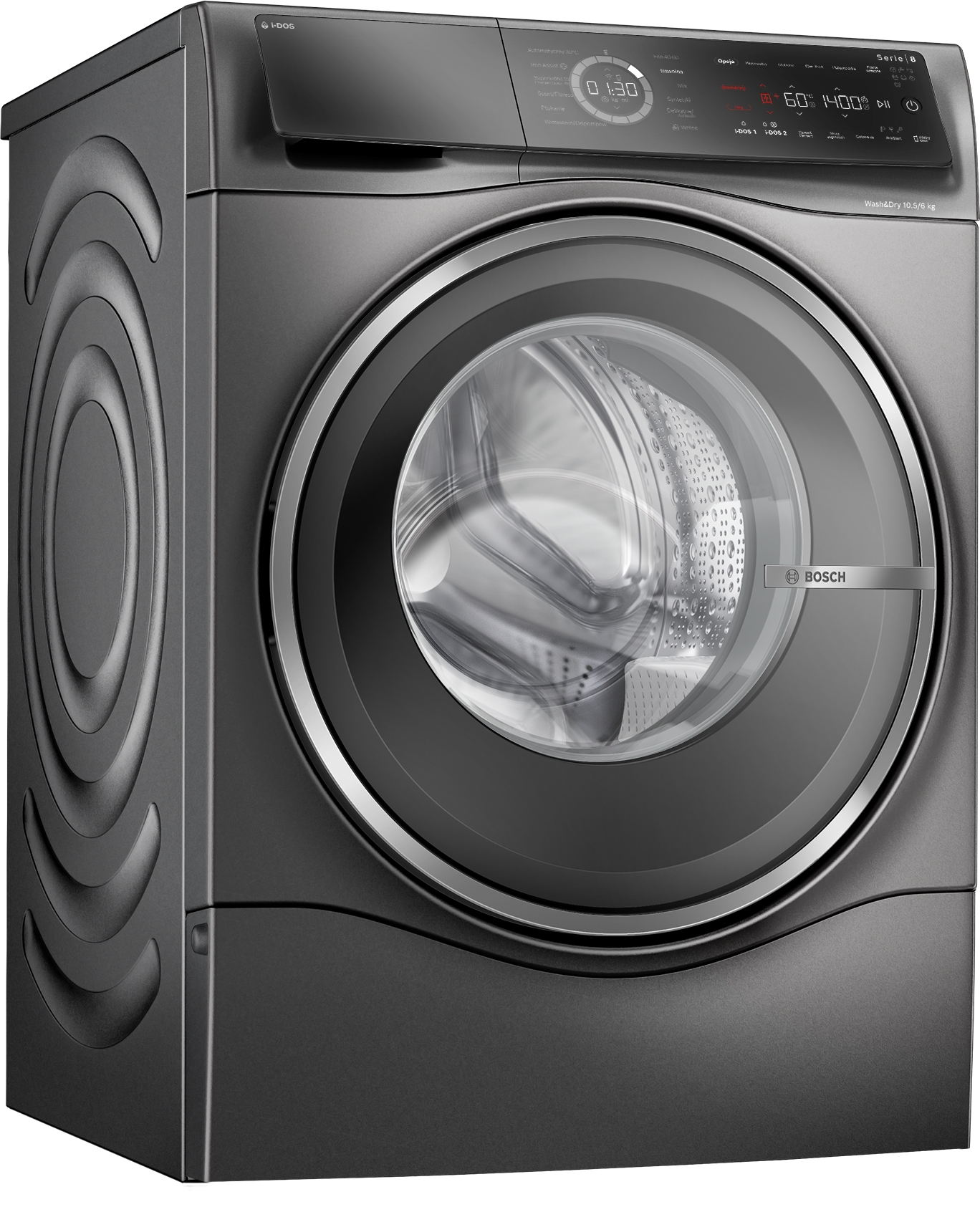 Ciemnoszara pralka, widok z boku, z okrągłymi szklanymi drzwiami i panelem sterowania.