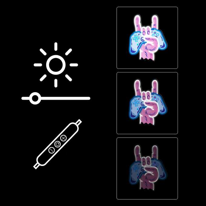 Grafika z ikoną słońca, suwakiem jasności i gestami dłoni w grach na czarnym tle.