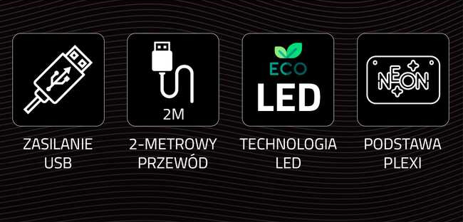 Cztery ikony z wtyczką USB, kablem 2M, ECO LED i neonowym znakiem na czarnym tle.