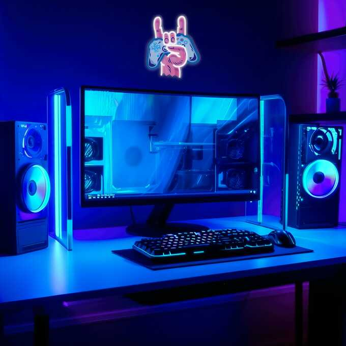 Konfiguracja do gier z monitorem, głośnikami, klawiaturą i neonowym światłem gestu gracza.