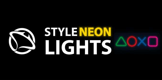 Neonowy znak ze słowami STYLE NEON LIGHTS i przyciskami Playstation.
