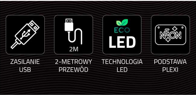 Cztery ikony przedstawiające zasilanie USB, kabel 2-metrowy, technologię LED i podstawę z pleksi.