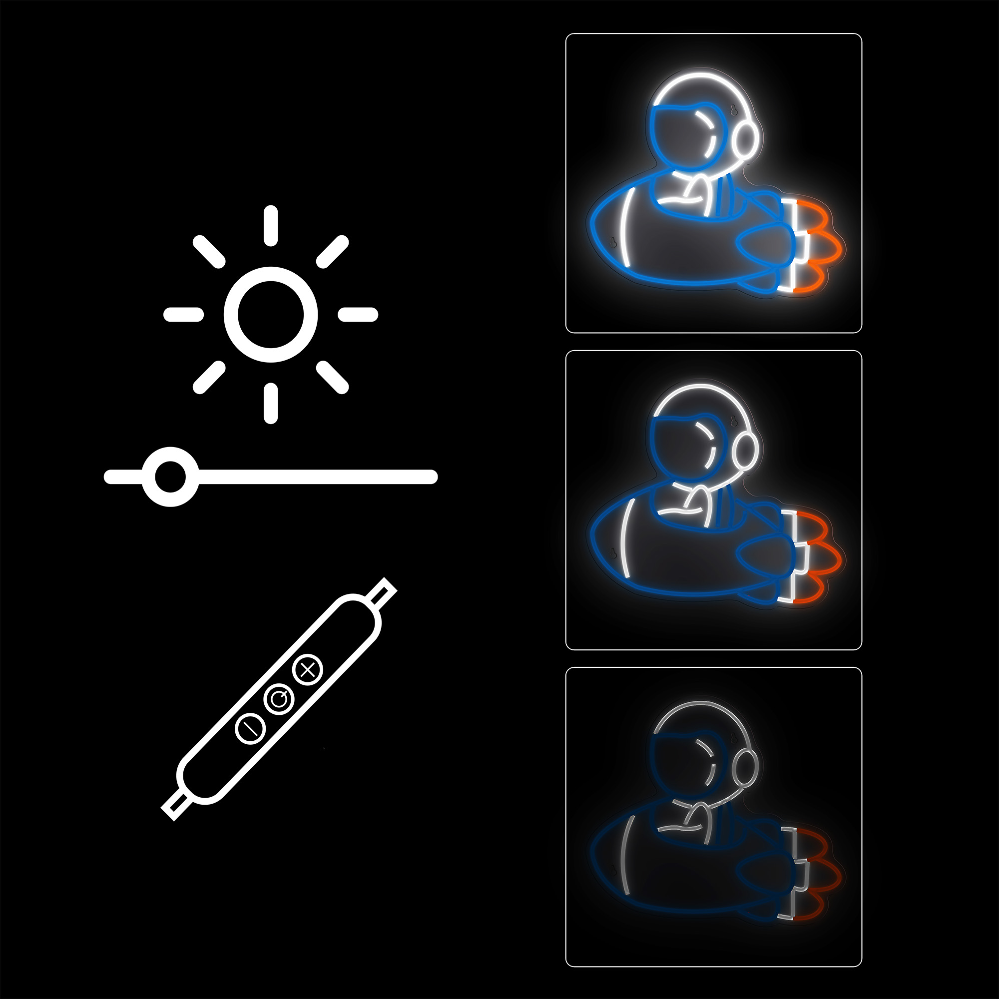 Ikony słońca, suwaka i użytkownika z neonami.