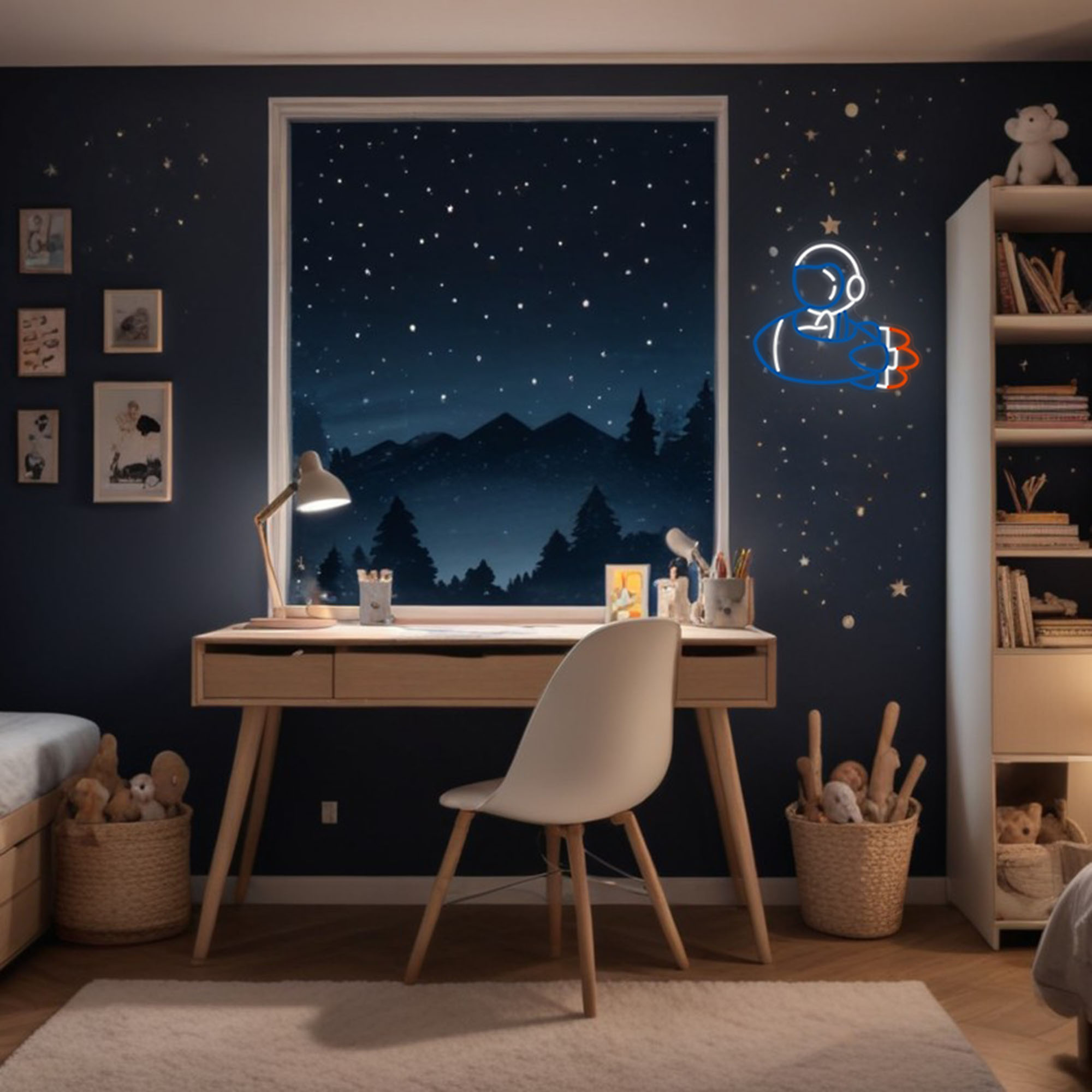 Sypialnia z widokiem na gwiaździstą noc z okna, biurko, krzesło, lampa i regał z zabawkami i książkami.