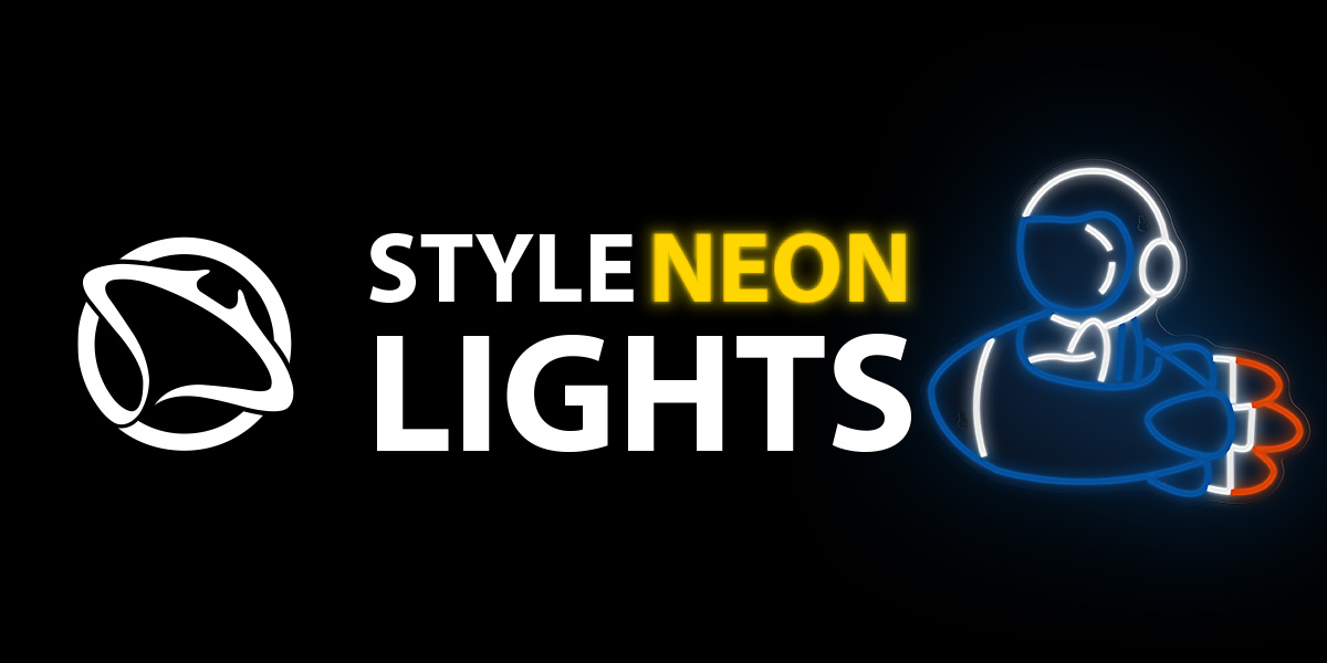 Logo z tekstem 'Style Neon Lights' i neonowym astronautą na rakiecie.