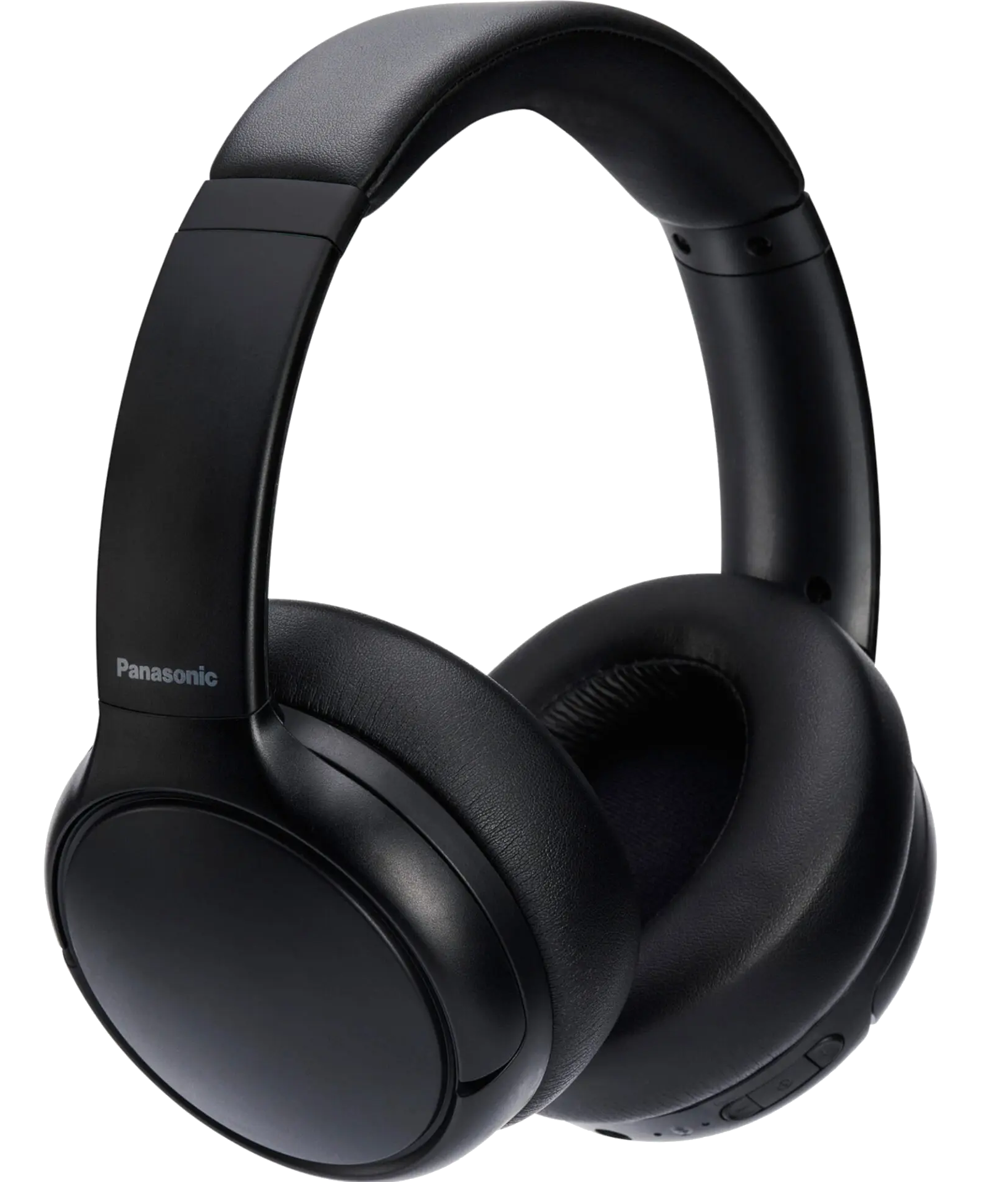 Czarne słuchawki Panasonic, konstrukcja nauszna, widoczne logo, na czarnym tle.