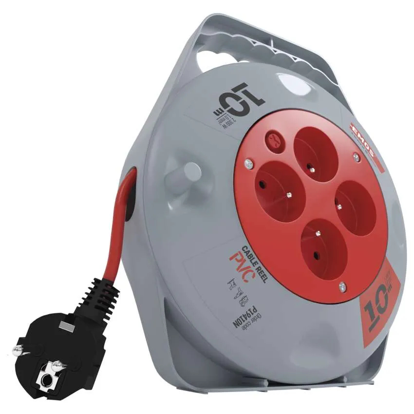 Bęben kablowy, szary i czerwony, z czarną wtyczką i czerwonymi gniazdami.