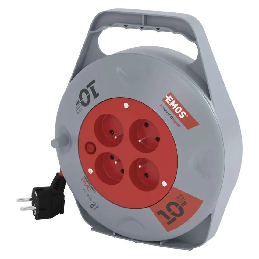 Szaro-czerwony bęben kablowy z czterema gniazdami i wtyczką.