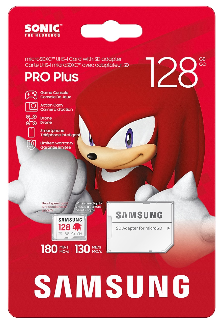 Opakowanie karty Sonic the Hedgehog z kartą microSD Samsung 128 GB i adapterem.