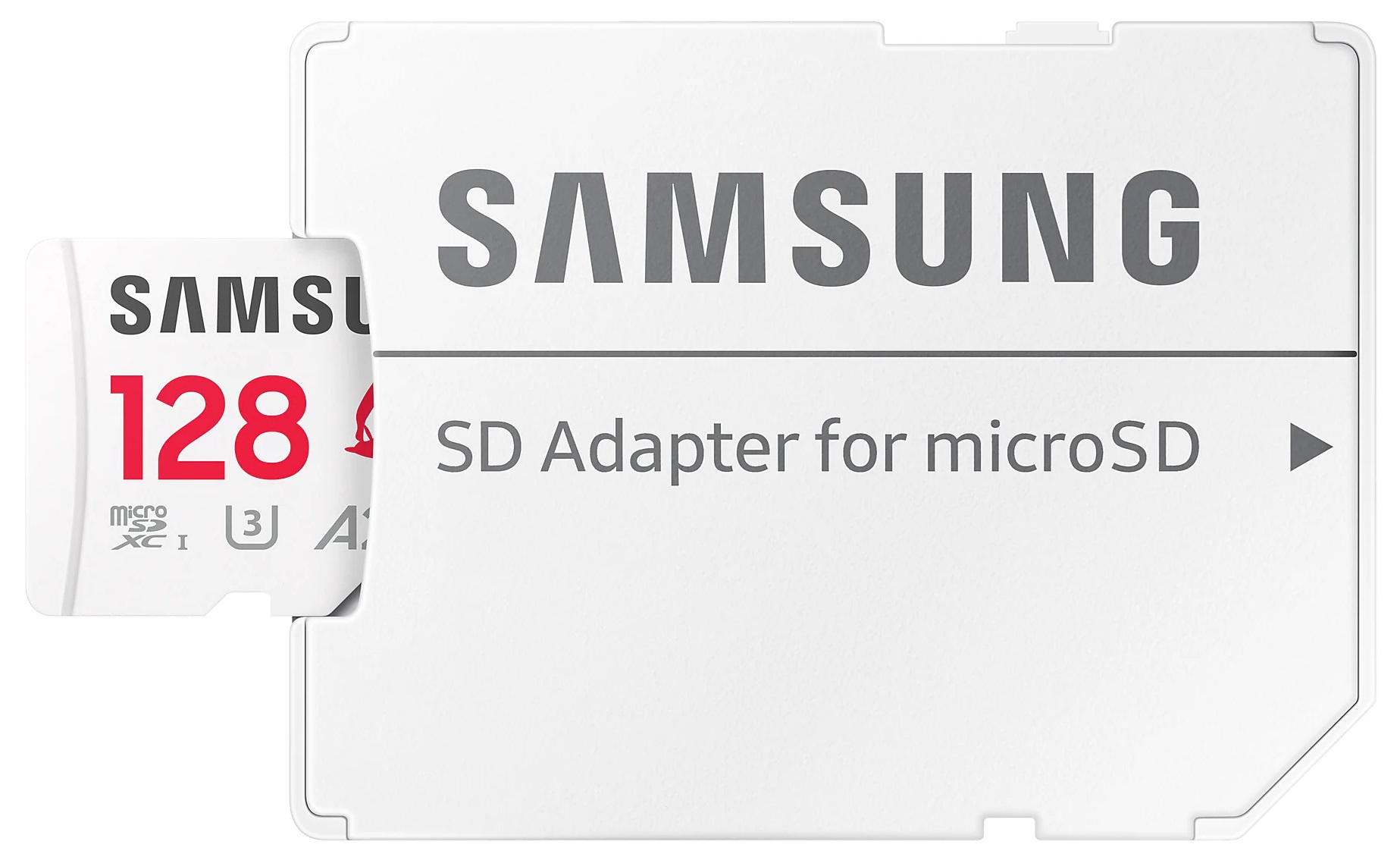 Biała przejściówka SD Samsung do microSD z kartą microSD 128GB.