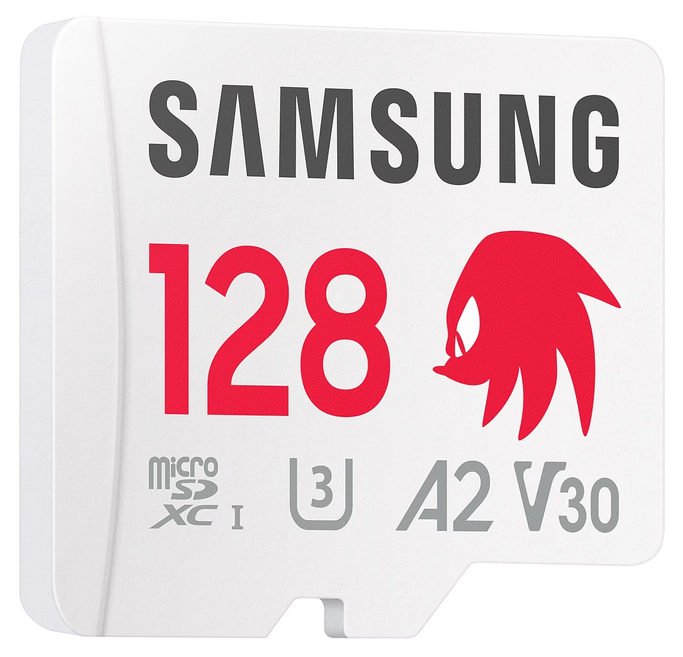 Biała karta MicroSD Samsung 128 GB z czerwonym logo Sonic the Hedgehog.