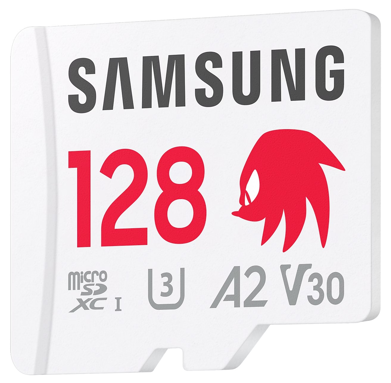 Karta microSD Samsung 128 GB z motywem Sonic the Hedgehog, białe tło.