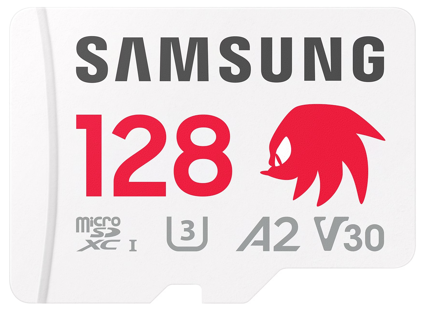 Biała karta microSD Samsung z motywem Sonic the Hedgehog. Białe tło.