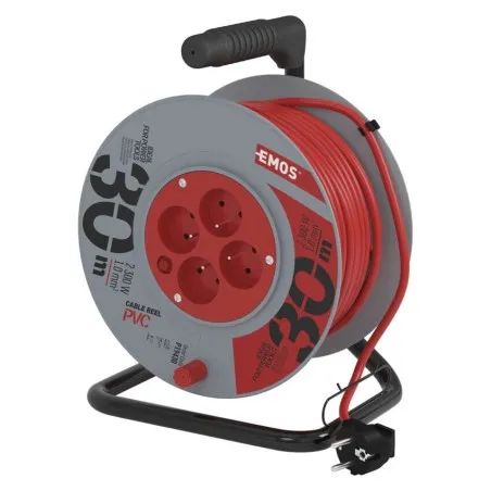 Czerwony przedłużacz z czterema gniazdami na czarnym stojaku.