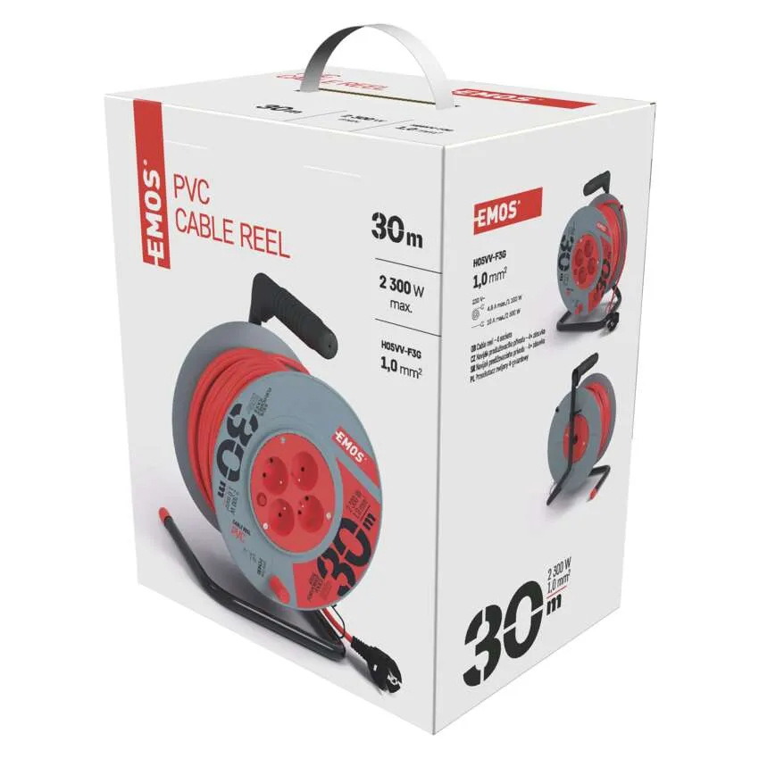 Pudełko na bęben kablowy z bębnem w środku, z tekstem i obrazami na pudełku.