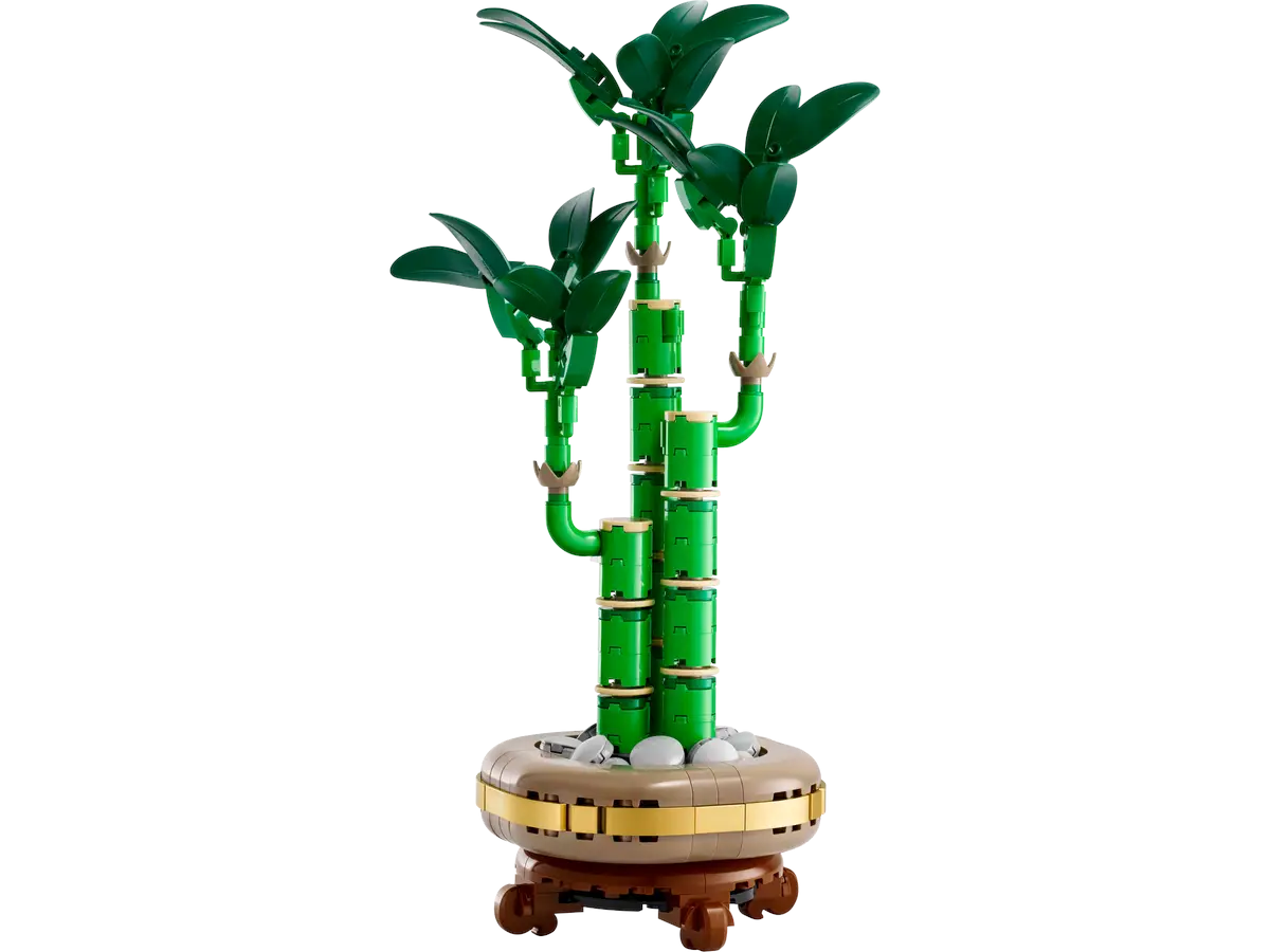 Drzewko bonsai Lego, zielone liście, zielony pień, w brązowej doniczce.