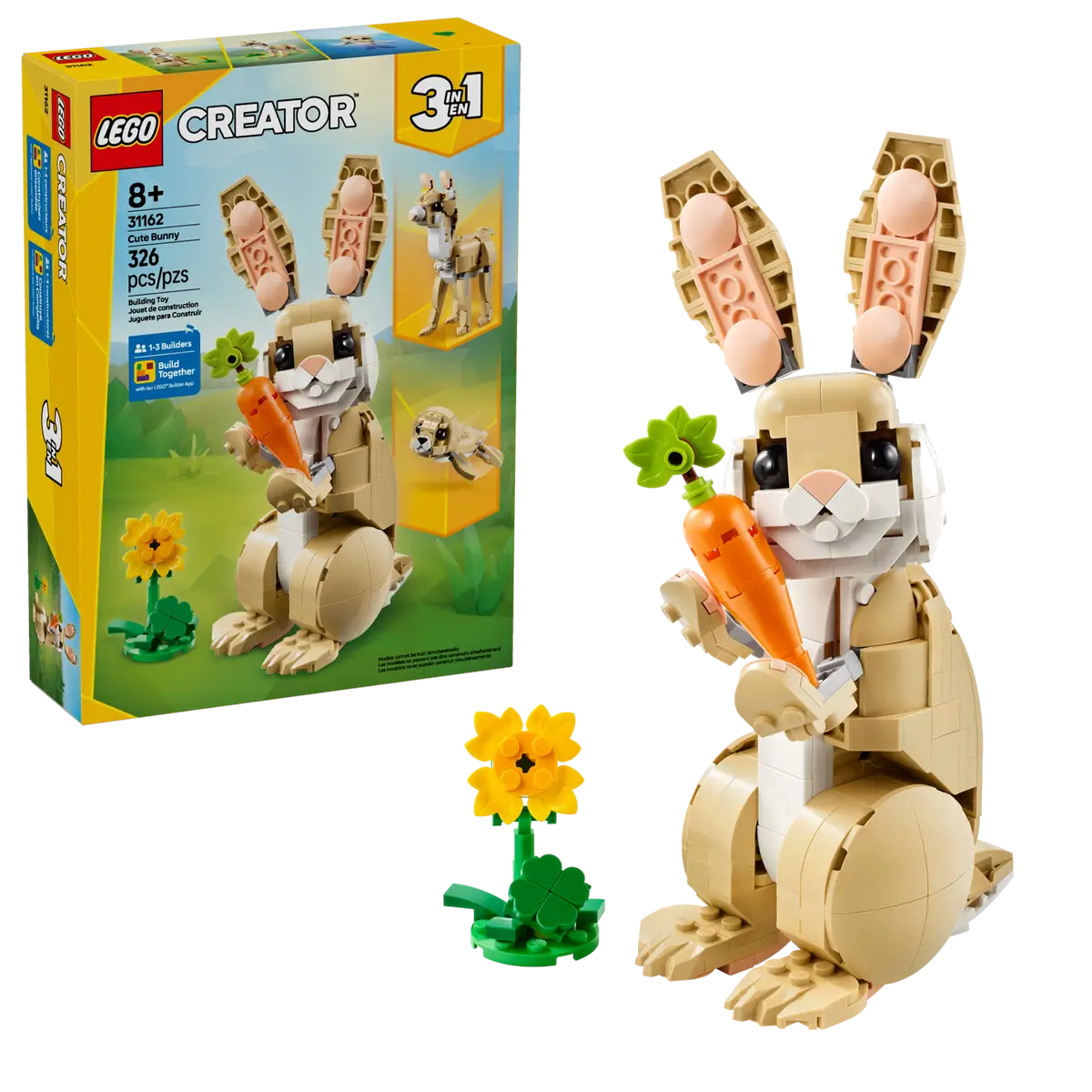 Królik LEGO trzyma marchewkę. Pudełko pokazuje, jak złożyć królika i inne modele.