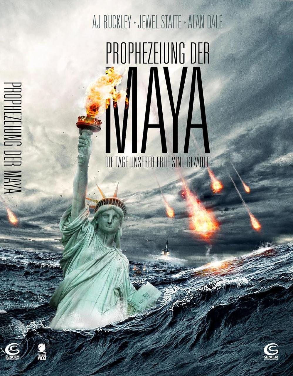 Filmposter: Freiheitsstatue in überfluteter Stadt mit brennenden Meteoren. Titel: Prophezeiung der Maya.