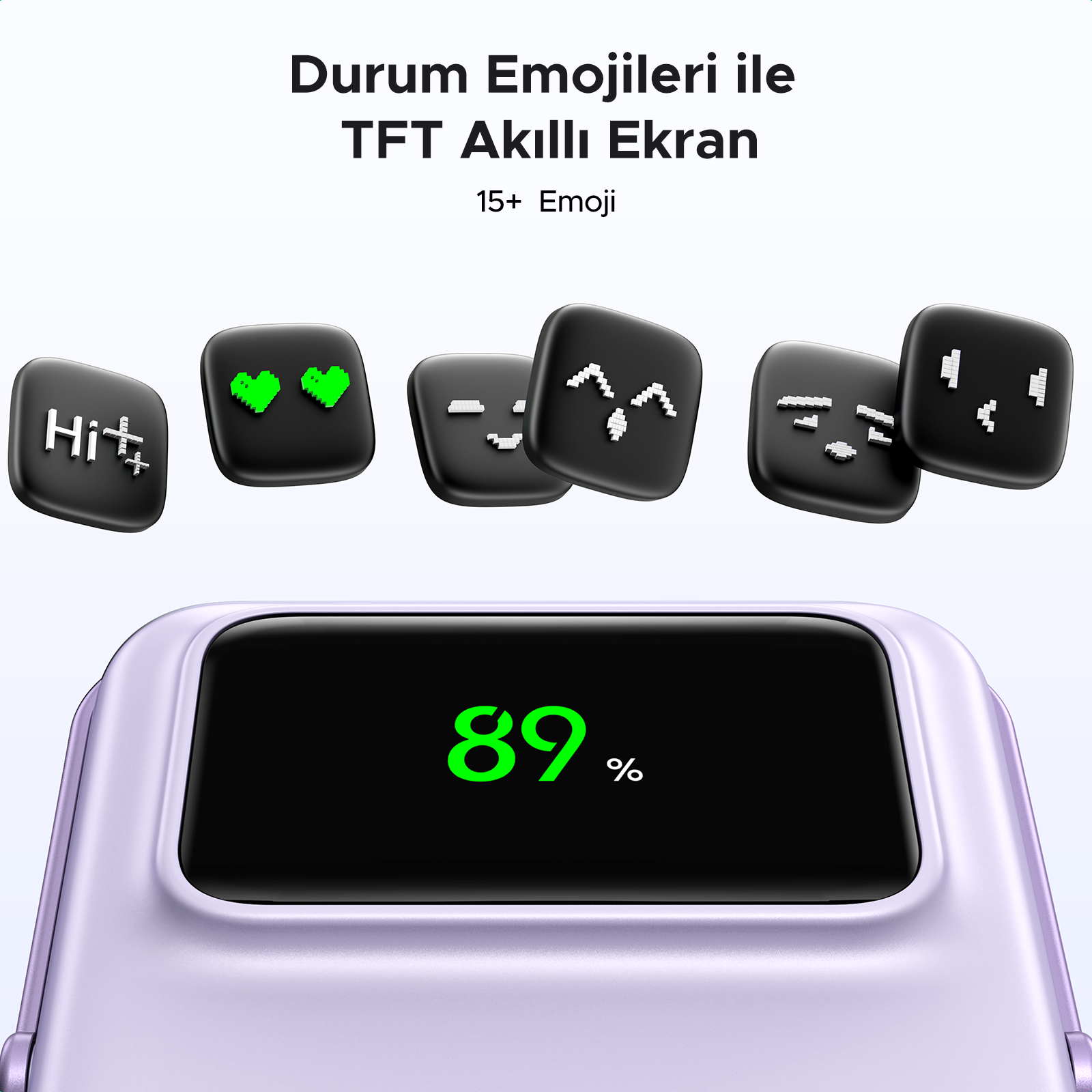 Çeşitli ifadelerin emojileriyle çevrili bir yüzde gösteren bir akıllı saat.