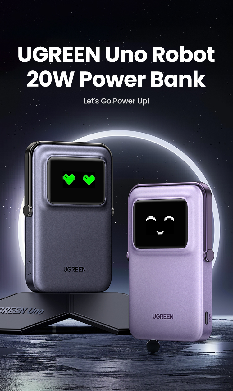 Bir robot yüzü olan iki güç bankası, biri mor, biri koyu renk.