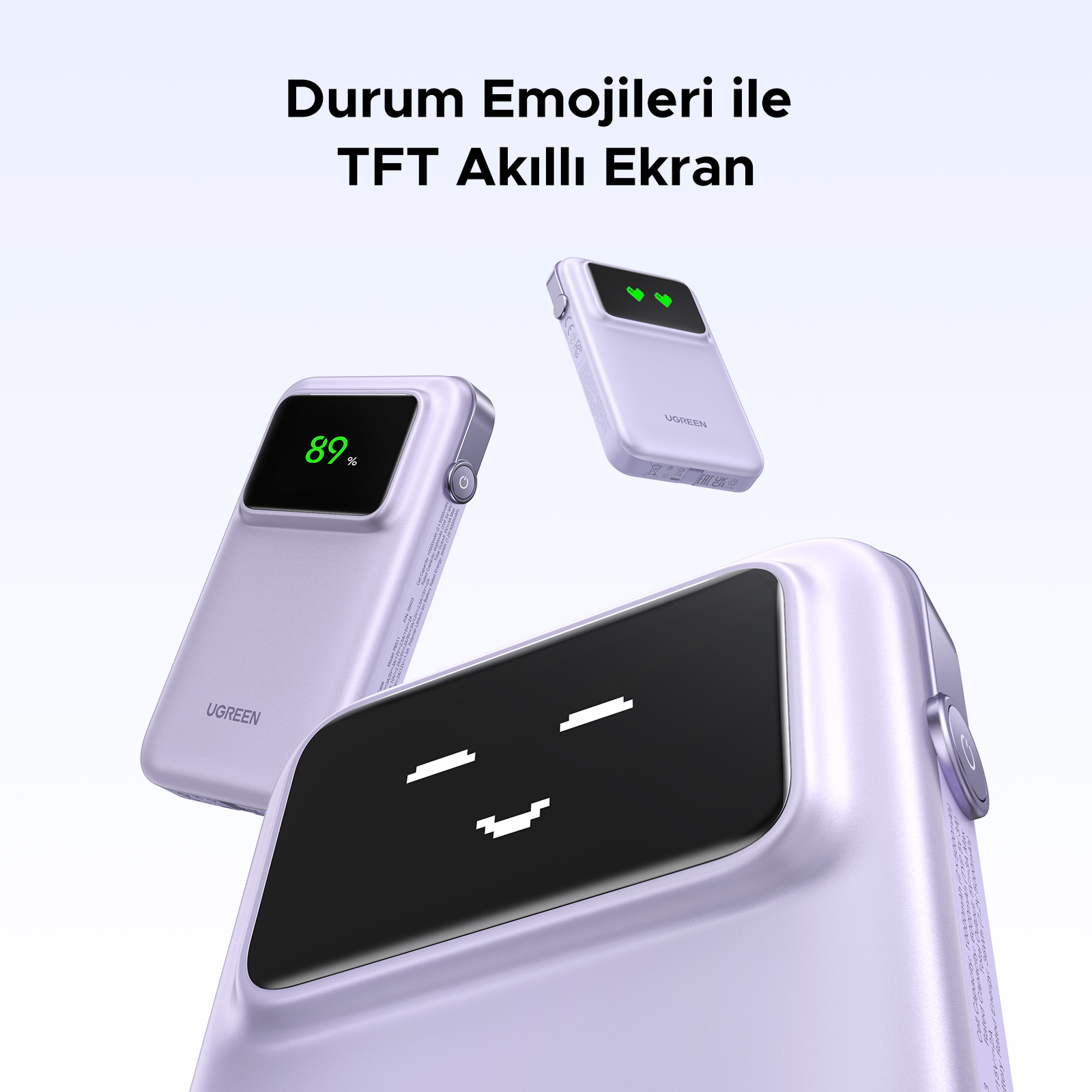 Ekranlı üç powerbank kullanım emojilerini gösteriyor. %89'u görüntüler. TFT akıllı ekrana sahip.