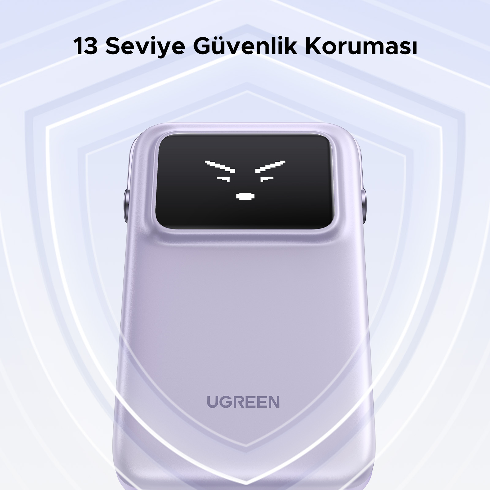 Üstünde metin bulunan, ekranlı mor bir UGREEN cihazı.