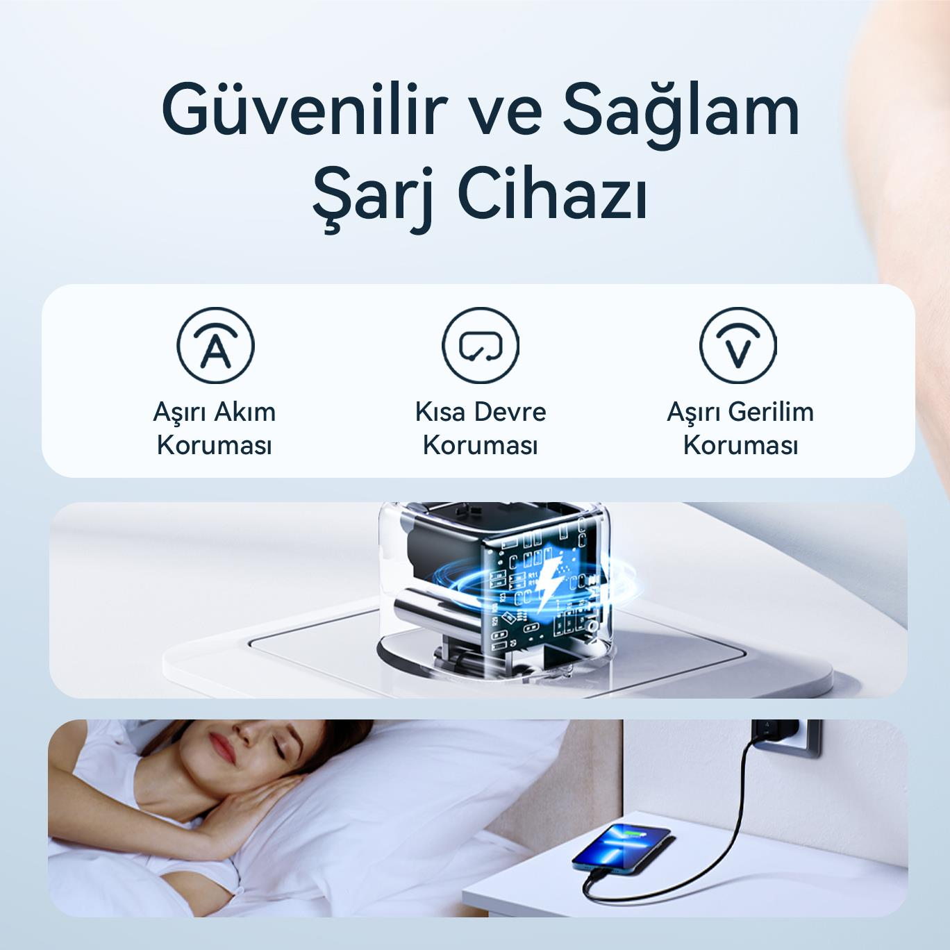 Uyuyan bir kişi ve şarj olan bir telefon ile bir şarj cihazı. Görüntüde Türkçe metin var.