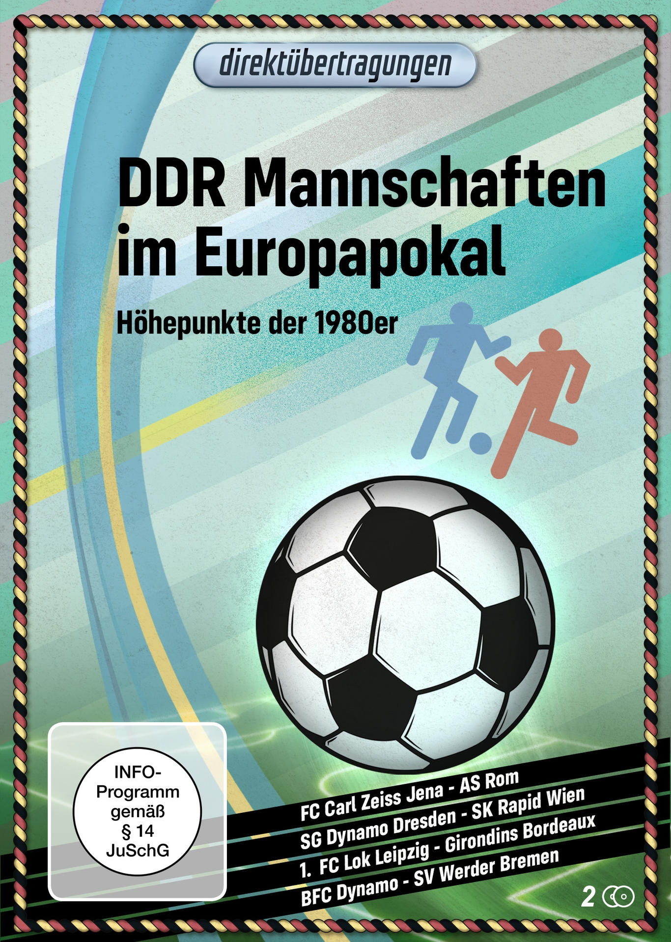 DVD-Cover für DDR Mannschaften im Europapokal. Ein Fußball und zwei Silhouetten sind abgebildet.