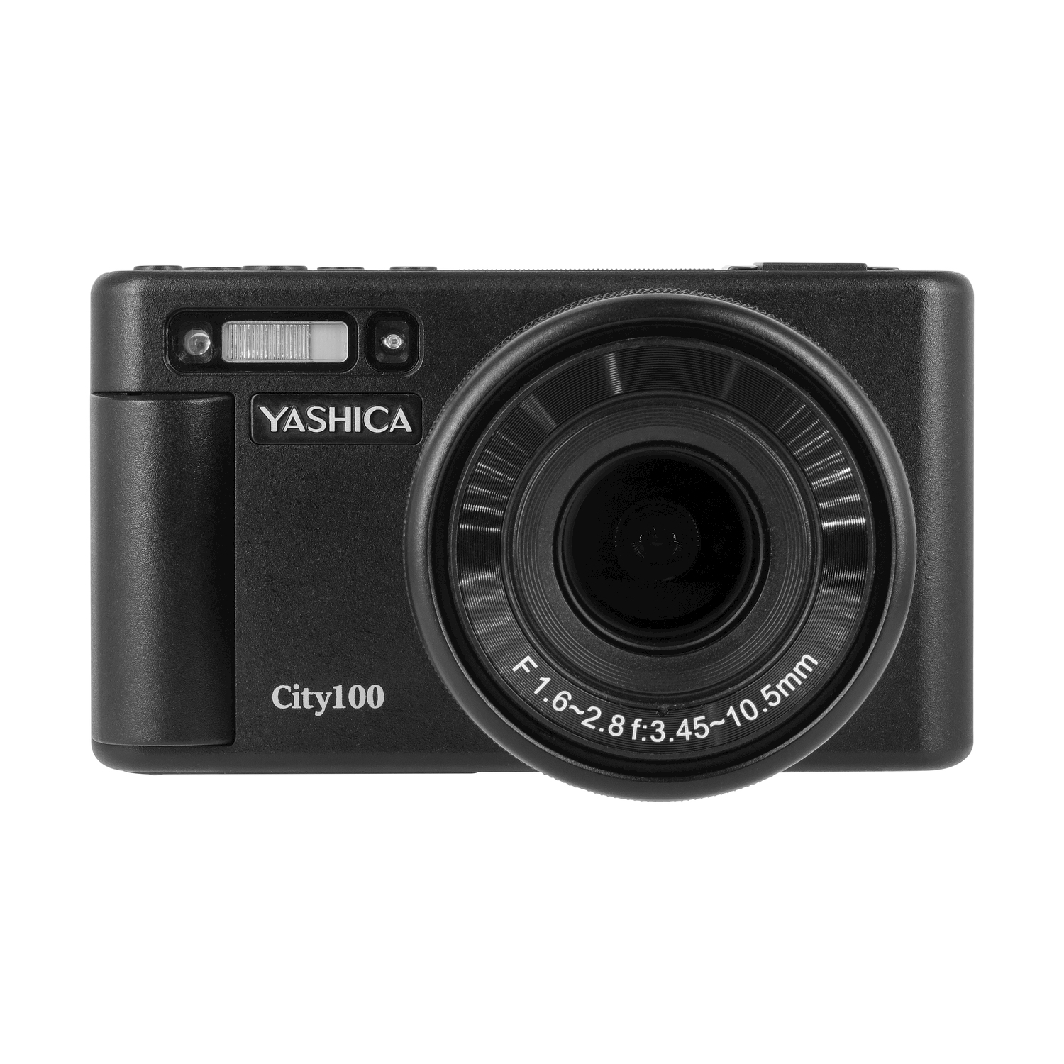 Fotocamera nera Yashica City100. L'obiettivo è al centro, con il marchio sopra e City100 sotto.